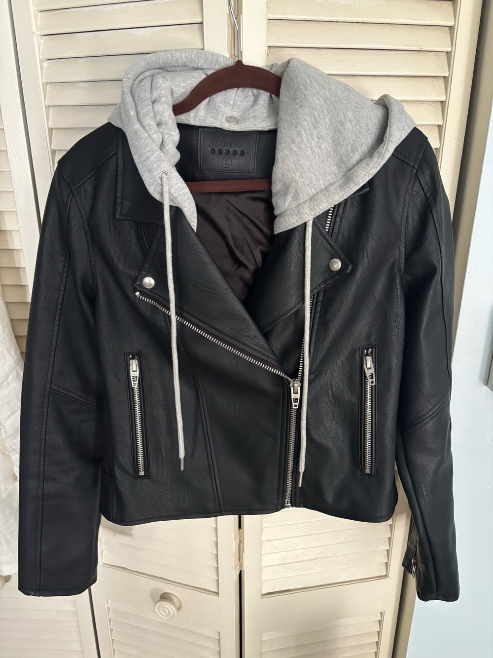 Blank NYC Black Faux Leather Moto Jacket with Grey Hooded Insert